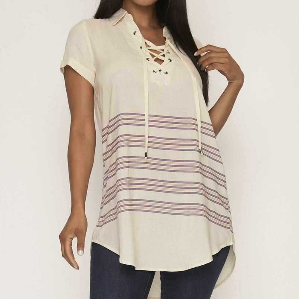 Cream lace up neck Striped top S
